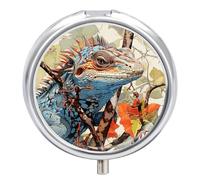 Lizard on The Branch Pill Box 3 Compartment Waterproof Pill Container with Mirror Metal Medicine Box Organizer Portable Vitamin Case for Pocket & Purse Travel - Round