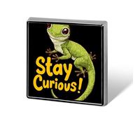 Lizard Stay Curious Badge Pin Brooch Square Shape Button Aluminum Decor for Backpacks Hats 0.7 Inch