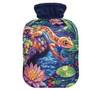 Lizard Waterlilies Blue Pattern Hot Water Bottle with Cover for Pain Relief Hot Bag for Neck and Shoulder Pain, 1L