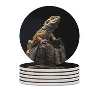 Lizards Bearded Dragon Round Ceramic Coasters Non-Slip Cork Base Drinks Holder Craft 6PCS