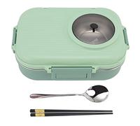 LIZEALUCKY Bento Lunch Box, 1100ml Double Layer 3-Grid Design, 304 Stainless Steel Thermal Lunch Box with Chopsticks, Spoon, Soup Bowl, Food Container(Green)