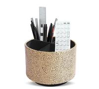 lizimandu Round Leather Art Supply Organizer,Remote Control Holder,360 Degree Spinning,Multi-Functional Pencil Holder,4 Compartments Desktop Stationary Organizer(1-Yellow Black)