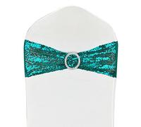LIZIMI 25 Pcs Chair Sashes Sequin Stretch Chair Bands Spandex Polyester Bows for Party Hotel Wedding Banquets Decoration - Teal
