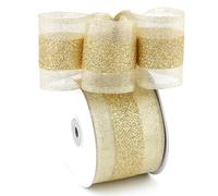 LIZLOVESS Champagne Gold Wired Ribbon with Gold Center Stripe 2.5" X 10 Yards Metallic Christmas Ribbon Wired for Tree Decoration, Wreaths & Garlands, Crafts Projects, Home Decor
