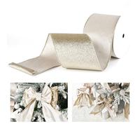 LIZLOVESS Champagne Velvet Wired Ribbon with Glitter Back 4 Inch Ivory and Gold Christmas Wired Ribbon for Christmas Tree Decorations, Gift Wrapping, Mantel, Wreaths Supplies, Topper Bows (10 Yards)
