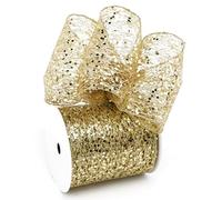 LIZLOVESS Gold Glitter Mesh Wired Ribbon 4" X 10 Yards Webbed Gold Sequin and Glitter Christmas Ribbon for Tree Decoration, Garlands and Swags, Home Decor, Craft Projects, Wreath Supplies