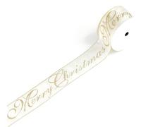 LIZLOVESS Ivory and Gold Merry Christmas Wired Ribbon 2.5 Inch x 10 Yards | Ivory Satin with Champagne Gold Lettering, For Christmas Trees, Wreath Making, Holiday Decorations, Crafts