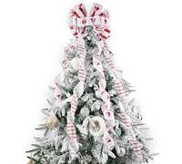 LIZLOVESS Red and White Christmas Tree Toppers - Large Bows with Streamer and Snowman Candy Cane Patterns for Xmas Tree Wreaths Door Staircase Home Decor