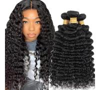 Lizourey Human Hair Bundles Deep Wave Bundles 14 16 18 Inch Brazilian Virgin Deep Wave 3 Bundles for Women Black 100% Unprocessed Wave