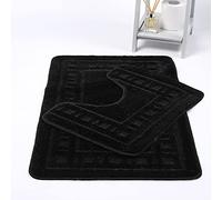 LIZZIE JACOBS 2 Pieces Bath Mat and Pedestal Mat Sets Anti Slip Extra Absorbent Regular Size Super Soft Greek Style Bathroom Rugs (Black)