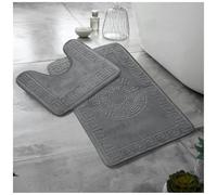 LIZZIE JACOBS 2 Pieces Jacquard Greek Style Bath Mat and Pedestal Mat Set Super Soft Memory Foam Non Slip Absorbent Toilet Rugs Embossed Greek Design Bathroom Regular Size Rugs (Charcoal)