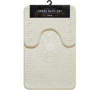 LIZZIE JACOBS 2 Pieces Jacquard Greek Style Bath Mat and Pedestal Mat Set Super Soft Memory Foam Non Slip Absorbent Toilet Rugs Embossed Greek Design Bathroom Regular Size Rugs (Cream)