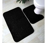 LIZZIE JACOBS 2 Pieces Pebble Bath Mat Non Slip Pedestal Set Extra Absorbent 100% Memory Foam Bathroom Mat Extra Soft Comfortable Easy To Clean Bathroom Rugs (Black)