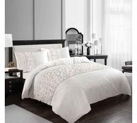 LIZZIE JACOBS Auroa Frill Diamante Style Duvet Cover Set Reversible Quilt Covers Easy Care Bedding Set with Pillowcases (White, Double)