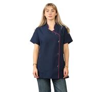 LIZZIE JACOBS Beauty Tunic Hairdressing Spa Massage Therapist Health Work Nail Salon Uniform Beautician Tunic Women Work Wear Short Sleeve Ladies Top (Navy With Pink Trim, 14)