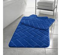 LIZZIE JACOBS Blocks Memory Foam 2 Pieces Bath Mat and Pedestal Mat Sets Anti Slip Extra Absorbent Regular Size Super Soft Blocks Embossed Style Bathroom Rugs (Blue)