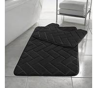LIZZIE JACOBS Blocks Memory Foam 2 Pieces Bath Mat and Pedestal Mat Sets Anti Slip Extra Absorbent Regular Size Super Soft Blocks Embossed Style Bathroom Rugs (Black)
