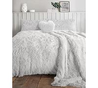 LIZZIE JACOBS Cuddles Fluffy Fur Fleece Luxurious Hug Snug Duvet Cover Sets Super Soft Warm Cosy Snuggle Long Pile Fleece Quilt Cover Sets Reversible Bedding Sets (White, Double)