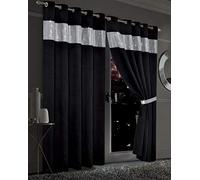 LIZZIE JACOBS Diamante Blackout Eyelet Top Curtains With Tie Backs Black Out Thermal Ring Top Luxury Curtain Pairs Window Treatment Living Room Bed Room Curtains (66'' (Width) x 54'' (Drop), Black)