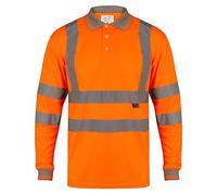 LIZZIE JACOBS Hi Viz High Visibility Long Sleeve Polo Shirts with Grey Collar and Hem Reflective Tape Safety Hi Vis Security Work Breathable Lightweight Workwear Tops (Small, Orange)