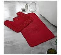 LIZZIE JACOBS Jacquard Greek Style Bath Mat and Pedestal Mat Set Super Soft Memory Foam Non Slip Absorbent Toilet Rugs Embossed Gr esign Bathroom Size Rugs, Red, 2 Pieces, Regular