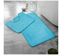 LIZZIE JACOBS Jacquard Greek Style Bath Mat and Pedestal Mat Set Super Soft Memory Foam Non Slip Absorbent Toilet Rugs Embossed Gr esign Bathroom Size Rugs, Aqua, 2 Pieces, Regular