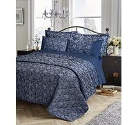 LIZZIE JACOBS Kew Jacquard Floral Pattern Luxurious Duvet Cover Sets Quilt Cover Sets Bedding Sets (Single, Navy)