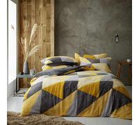 LIZZIE JACOBS Lichfield Geometric Pattern Teddy Sherpa Fleece Super Soft Warm Cosy Duvet Cover Sets Quilt Covers Bedding Sets (Double, Ochre/Grey)