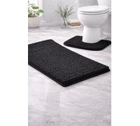 LIZZIE JACOBS Luxury 2 Piece Chenille Loop Bath Mat Set Non Slip Bathroom with Pedestal Mat, Extra Soft Thick Absorbent Shower Mats, Quick Dry Toilet Floor Mats for Bathroom (Black)