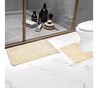 LIZZIE JACOBS Luxury 2 Piece Memory Foam Glitter Marble Design Bath Mat and Pedestal Mat Set Non Slip Super Soft Bathroom Rugs Highly Water Absorbent Pedestal Bathmat Shower Toilet Mat Set (Cream)