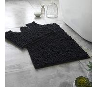 LIZZIE JACOBS Luxury 2 Pieces Loop Bath Mat and Pedestal Mat Set Non Slip Chenille Bath Mat Rugs Extra Soft Water Absorbent Pedestal Bathmat Shower Toilet Mat Bathroom Toilet Rugs (Black)