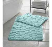 LIZZIE JACOBS Memory Foam Pebbles 2 Pieces Bath Mat and Pedestal Mat Sets Anti Slip Extra Absorbent Regular Size Super Soft Pebbles Embossed Design Bathroom Rugs (Aqua)