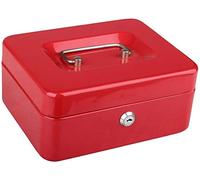 LIZZIE JACOBS Metal Petty Cash Box 2 Keys Removable Change Tray 6 or 8 Safe Deposit Tin Money Security Organiser ( Inches), Steel, Red, 10 Inches