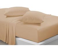 LIZZIE JACOBS New Easy Care Polycotton Full Sheet Set Plain Dyed Soft Fade Wrinkle Shrinkage Resistant Fitted Sheet and Flat Sheet Set With Pillowcases (Latte, Single)