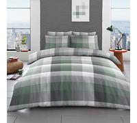 LIZZIE JACOBS New Printed Reversible Soft Easy Care Duvet Quilt Cover Bedding Sets With Matching Fitted Bed Sheet and Pillowcases (Dartmouth Check Sage Green, King)