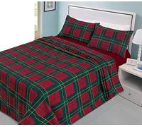 LIZZIE JACOBS New Tartan Check and Floral Pattern Flannelette 100% Brushed Cotton Thermal Soft Cosy Fitted and Flat Sheet Sets With Pillowcases (Tartan Check Red, Double)