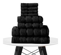 LIZZIE JACOBS Premium Satin Stripes 8pcs Boston Towels Bale Set 500 GSM 100% Egyptian Cotton Ring Spun Super Soft Highly Absorbent and Quick Dry Face Hand and Bath Towels Sets (Black)