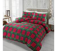 LIZZIE JACOBS Tartan Check Flannelette Duvet Cover Sets XMAS Festive Check Brushed Cotton Quilt Covers Bed Linen Thermal Super Soft Warm Cosy Winter Season Bedding Sets With Pillowcases (Red, Double)