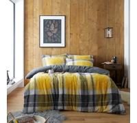 LIZZIE JACOBS Windsor Check Pattern Teddy Sherpa Fleece Duvet Cover Sets Super Soft Warm Cosy Thermal Quilt Covers Bedding Sets With Pillowcases (Ochre, Double)
