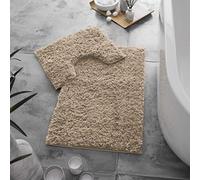 LIZZIE JACOBS Zero Twist Long Thick Pile 2 Pieces Bath Mat and Pedestal Mat Sets Non Slip Extra Absorbent Regular Size Super Soft Bathroom Toilet Rugs (Natural)