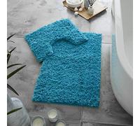 LIZZIE JACOBS Zero Twist Long Thick Pile 2 Pieces Bath Mat and Pedestal Mat Sets Non Slip Extra Absorbent Regular Size Super Soft Bathroom Toilet Rugs (Turquoise)
