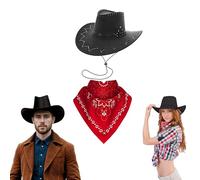 Lizzy 1 x Adult Black Cowboy Hat with Paisley Bandana Faux Suede Material with Cross Hatch Stitching Detail Wild West Western Sheriff Halloween Cow Girl Hats Costume (Black Hat + Red Bandana)