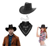 Lizzy 1 x Adult Black Cowboy Hat with Paisley Bandana Faux Suede Material with Cross Hatch Stitching Detail Wild West Western Sheriff Halloween Cow Girl Hats Costume (Black Hat + Black Bandana)