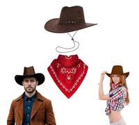 Lizzy 1 x Adult Brown Cowboy Hat with Paisley Bandana Faux Suede Material with Cross Hatch Stitching Detail Wild West Western Sheriff Halloween Cow Girl Hats Costume (Brown Hat + Red Bandana)