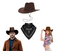 Lizzy 1 x Adult Brown Cowboy Hat with Paisley Bandana Faux Suede Material with Cross Hatch Stitching Detail Wild West Western Sheriff Halloween Cow Girl Hats Costume (Brown Hat + Black Bandana)