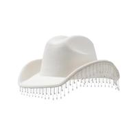 Lizzy 1 x Adult Cowboy Luxury Hat With Dangling Chain Diamante Stones | Sparkle Cowboy Hat for Novelty Fancy Dress Hen Party Cowgirl Halloween Costumes Hats Carnival Music Festival Accessories (White)
