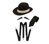Lizzy 1 x Black Al Capone Gangster Hat with Pencil Moustache Black Tie + Black Braces | 1920’s Pimp Gangster Fancy Dress Accessories