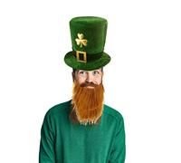 Lizzy 1 x Deluxe Velvet Shamrock Top Hat with Beard | St Patrick's Day Leprechaun Costume Hat | Irish Fancy Dress Accessory | Adult One Size | Green Novelty Party Hat
