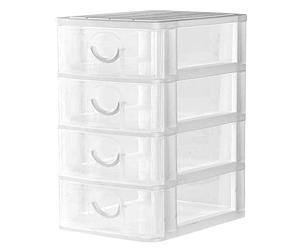 Lizzy 1 x Mini Storage Unit | 14.5cm x 9cm x 13cm | Transparent Mini Storage Tower | 4 Drawer with Handles | For Store Small Parts Crafts Desk Bathroom Kitchen Office (White)