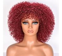 Lizzy 10 Inch Afro Curly Wigs for Black Women Synthetic Afro Wig with Bangs Heat Resistant Short Kinky Curly Wigs for Cosplay and Daily (Burgundy)